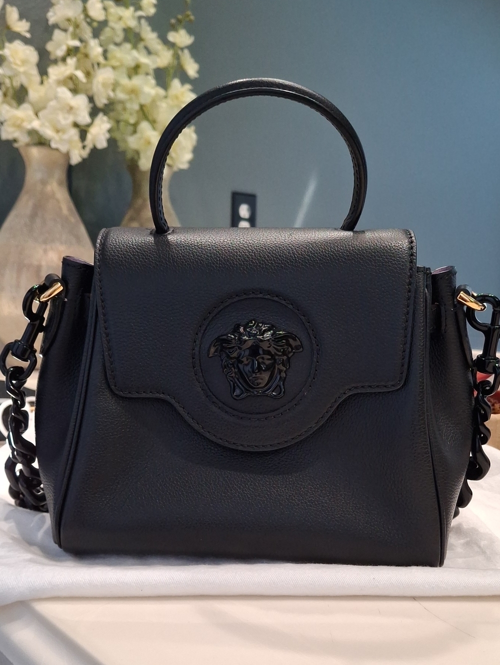 Versace Black Leather Top-Handle Satchel with Chain Strap